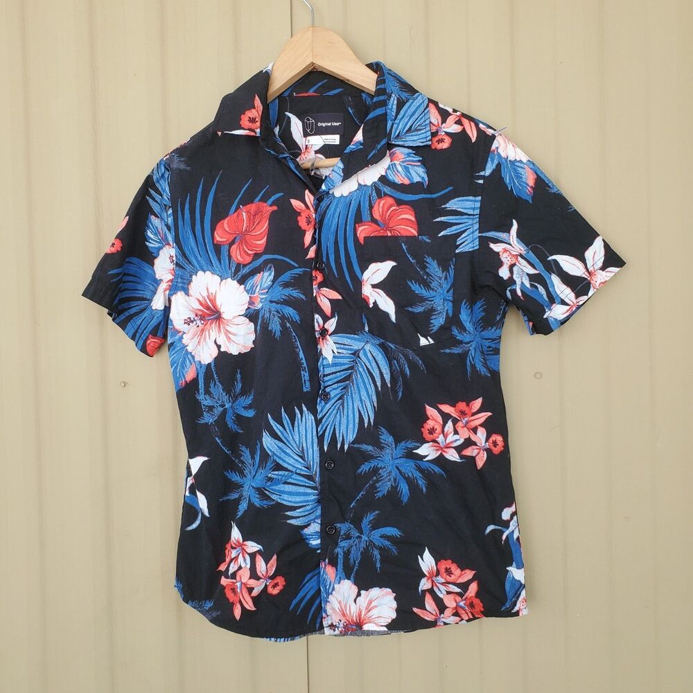 Junior's Floral Print Short Sleeve Button-Down Shirt -Original Use -Black Sz S